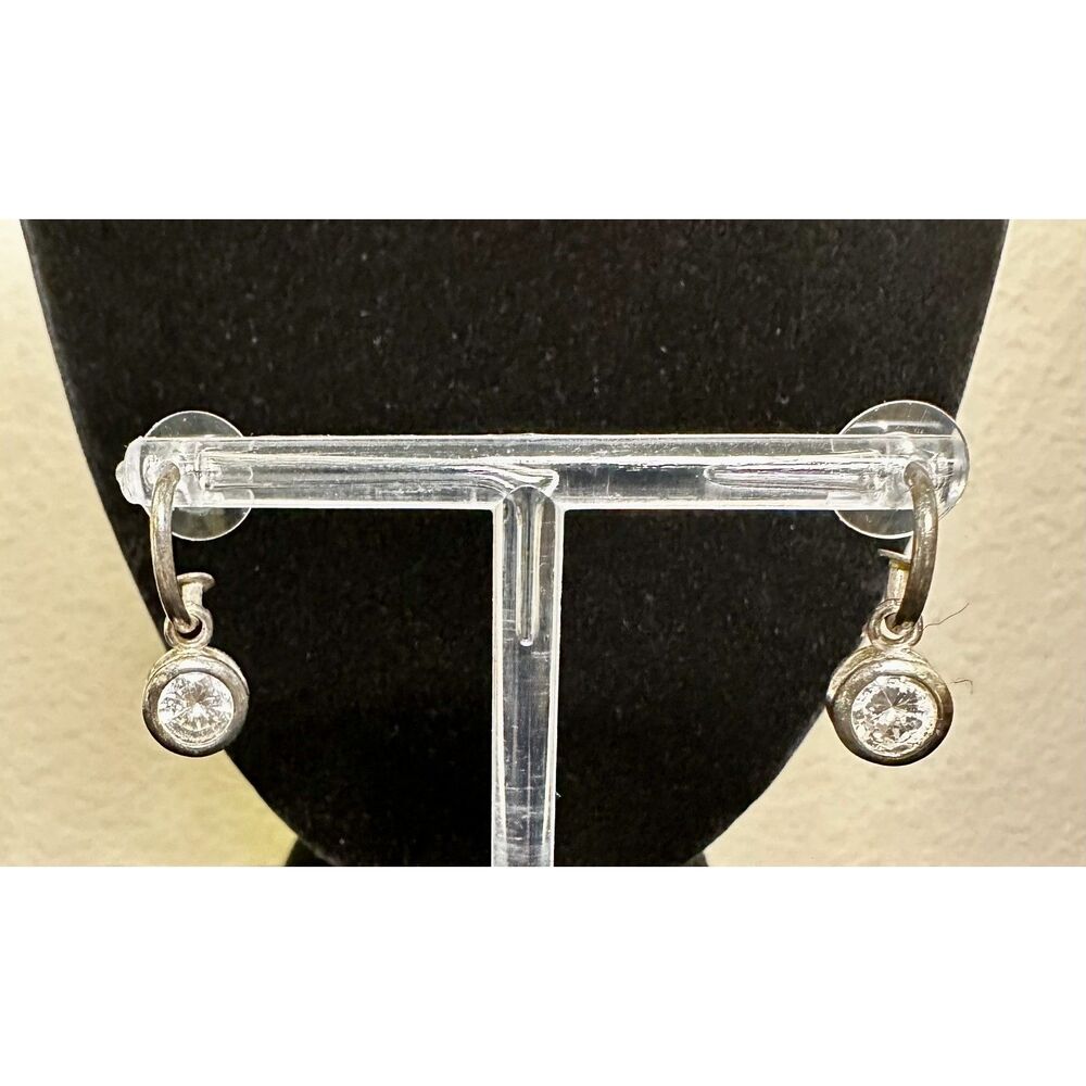 Silver-Tone Huggie Hoop Earrings CZ Bezel Solitaire Drop Dangle Dainty Sparkle